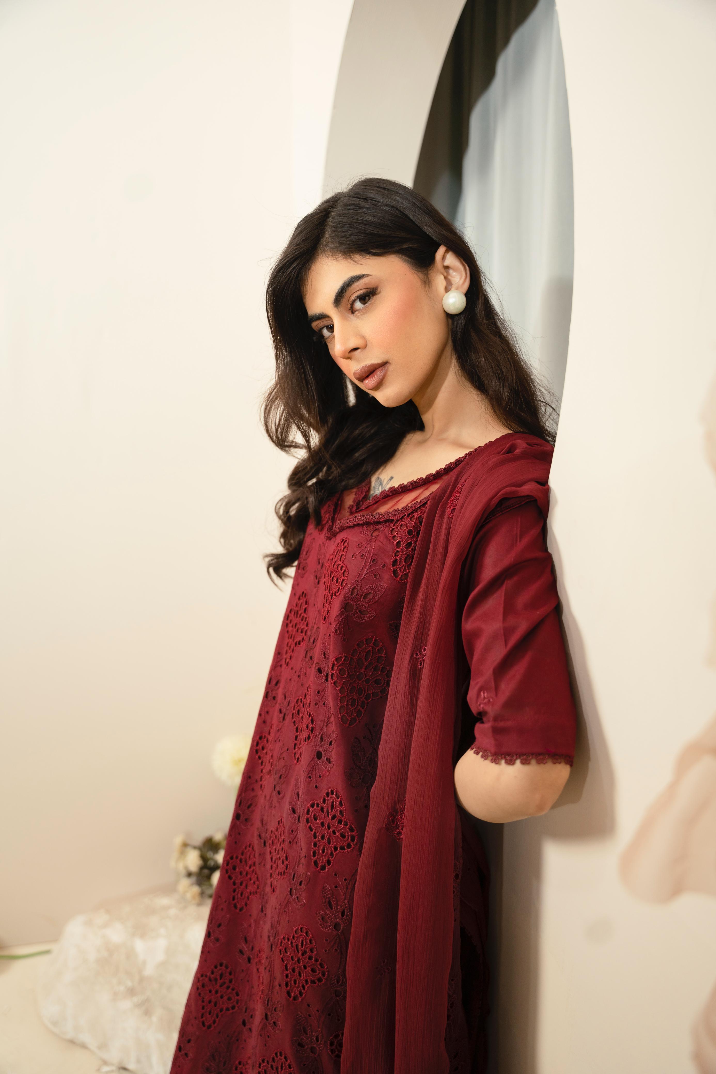 Maroon Charm  3PC Stitched