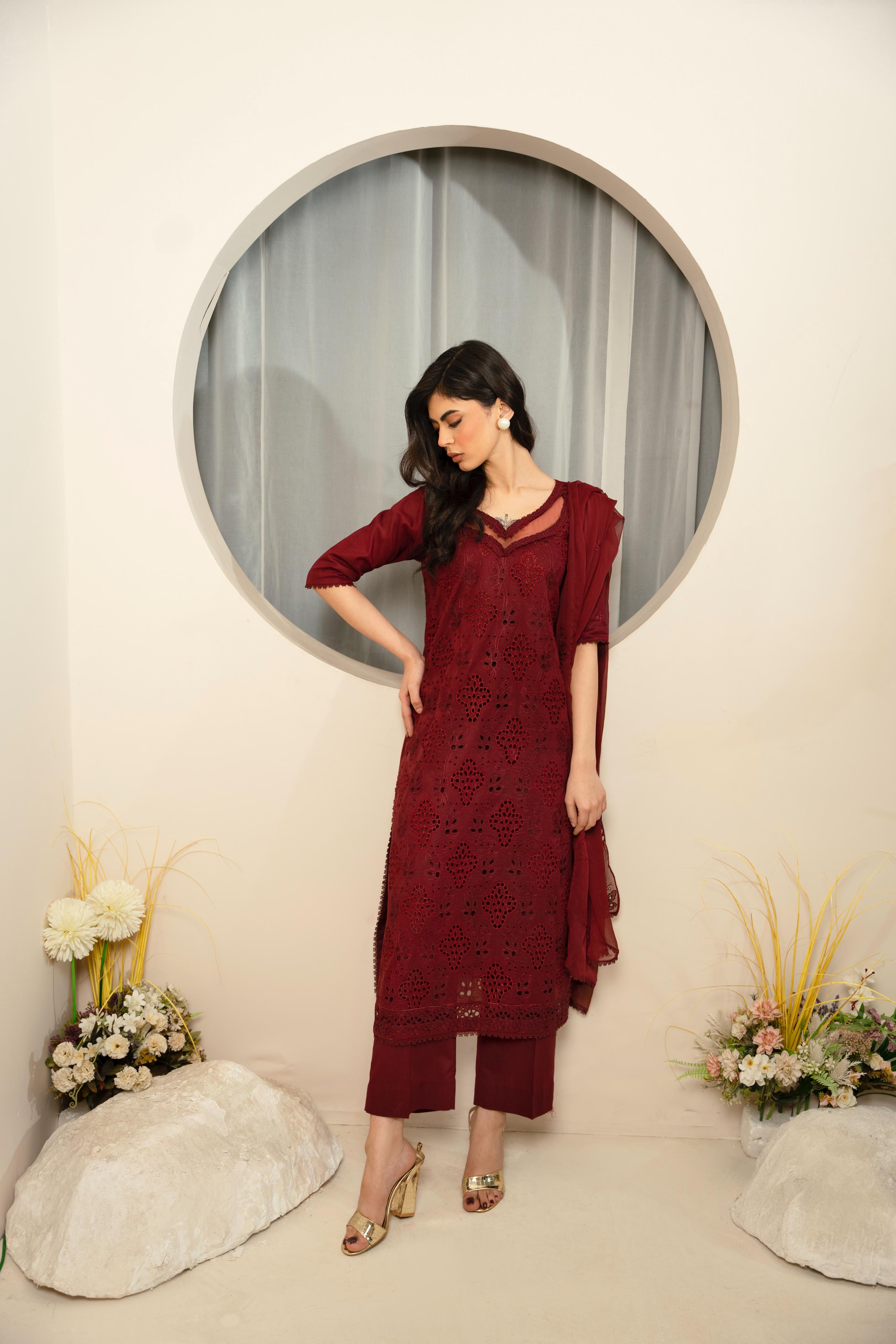 Maroon Charm  3PC Stitched
